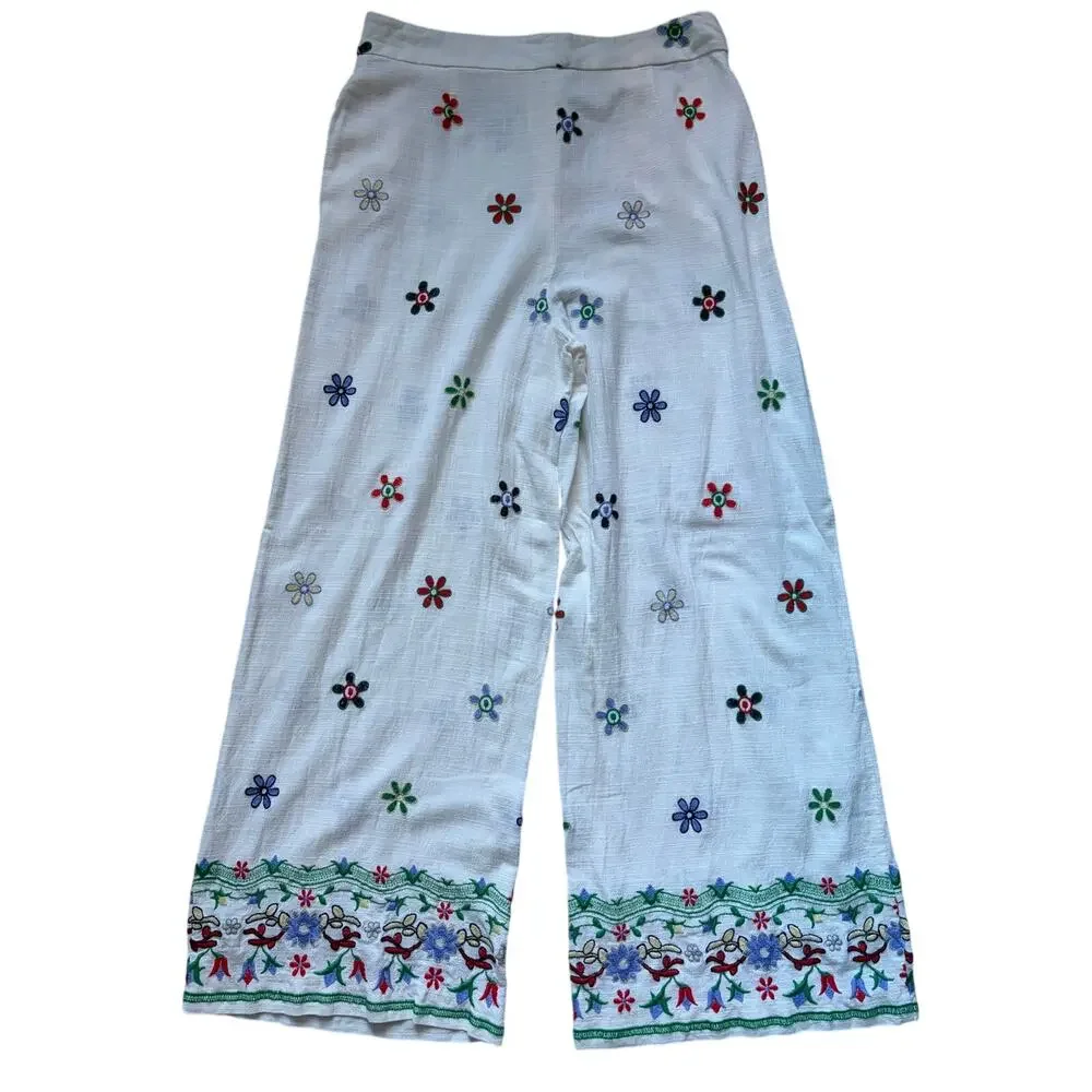 Zara White Wide-Leg Linen Pants with Multicolor Floral Embroidery